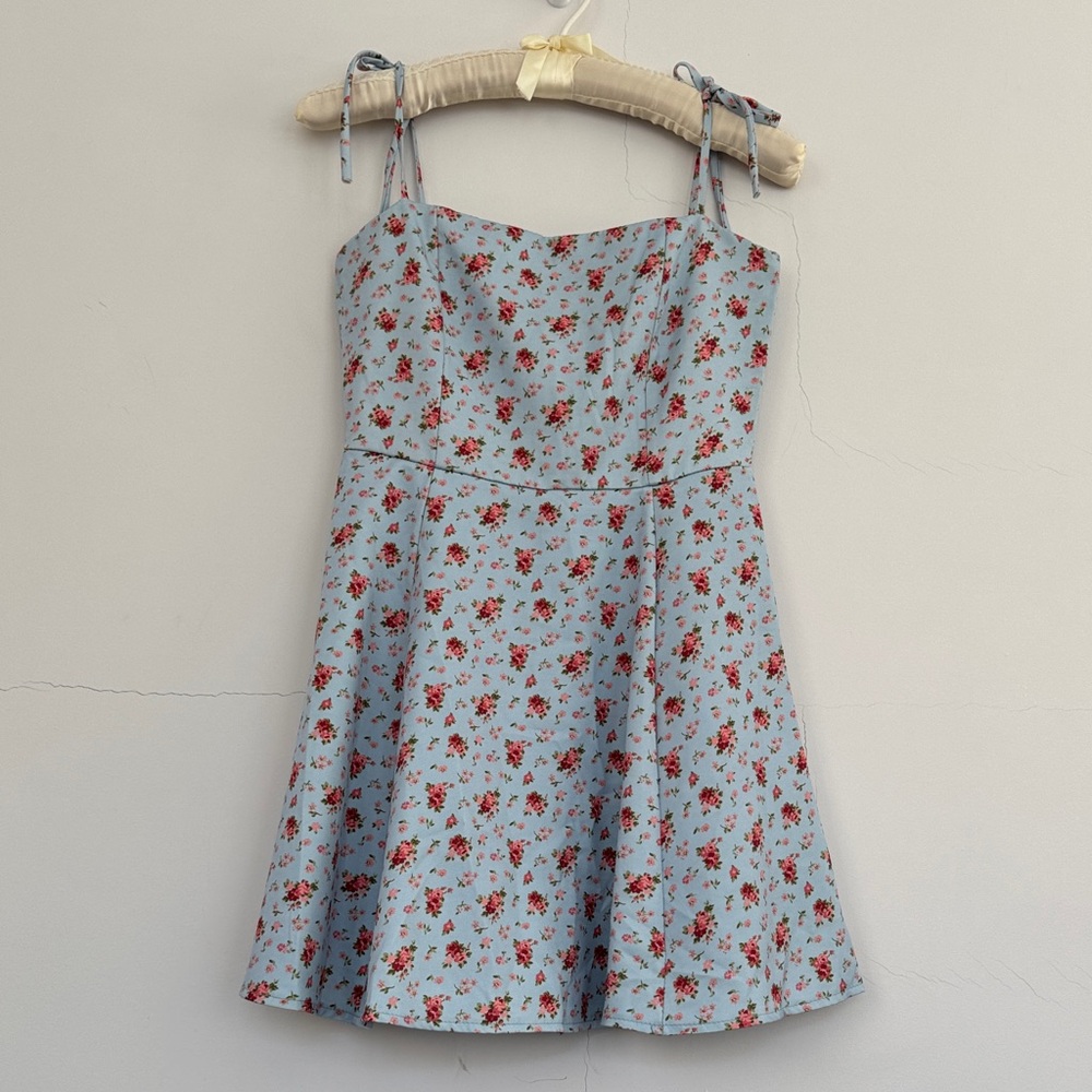 Blue Floral Tie-Shoulder Dress, Hidden Shorts Attached